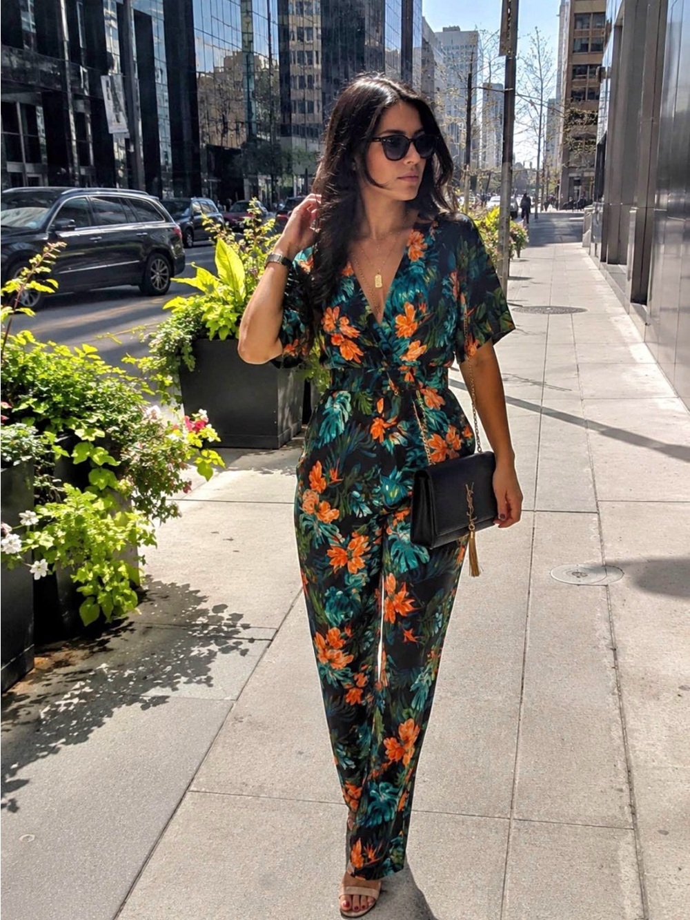 monaco Black Floral Wide-Leg Jumpsuit with Green & Coral Accents